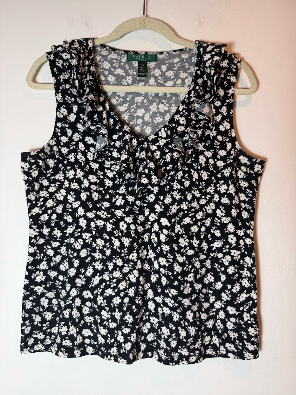 Lauren Ralph Lauren Black White Floral Ruffle V-Neck Sleeveless Blouse Top P/L